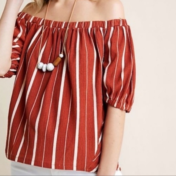 ANTHROPOLOGIE OFF-SHOULDER BROWN WHITE STRIPE FLOWY PUFF SLEEVE SHIRT WOMENS XXS - Picture 1 of 7